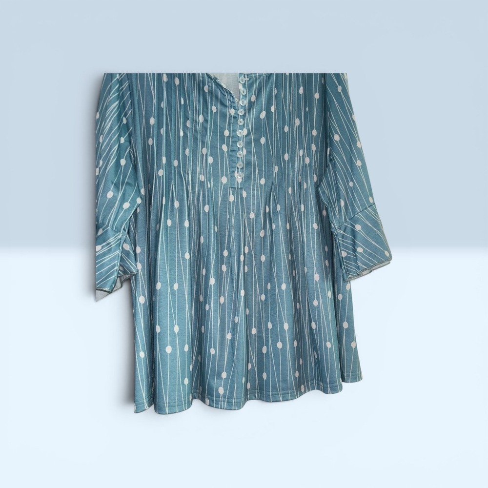 Zolucky Teal Blue Abstract Dotted Line Pleated Henley Bell Sleeve Blouse 1X EUC - Picture 3 of 7